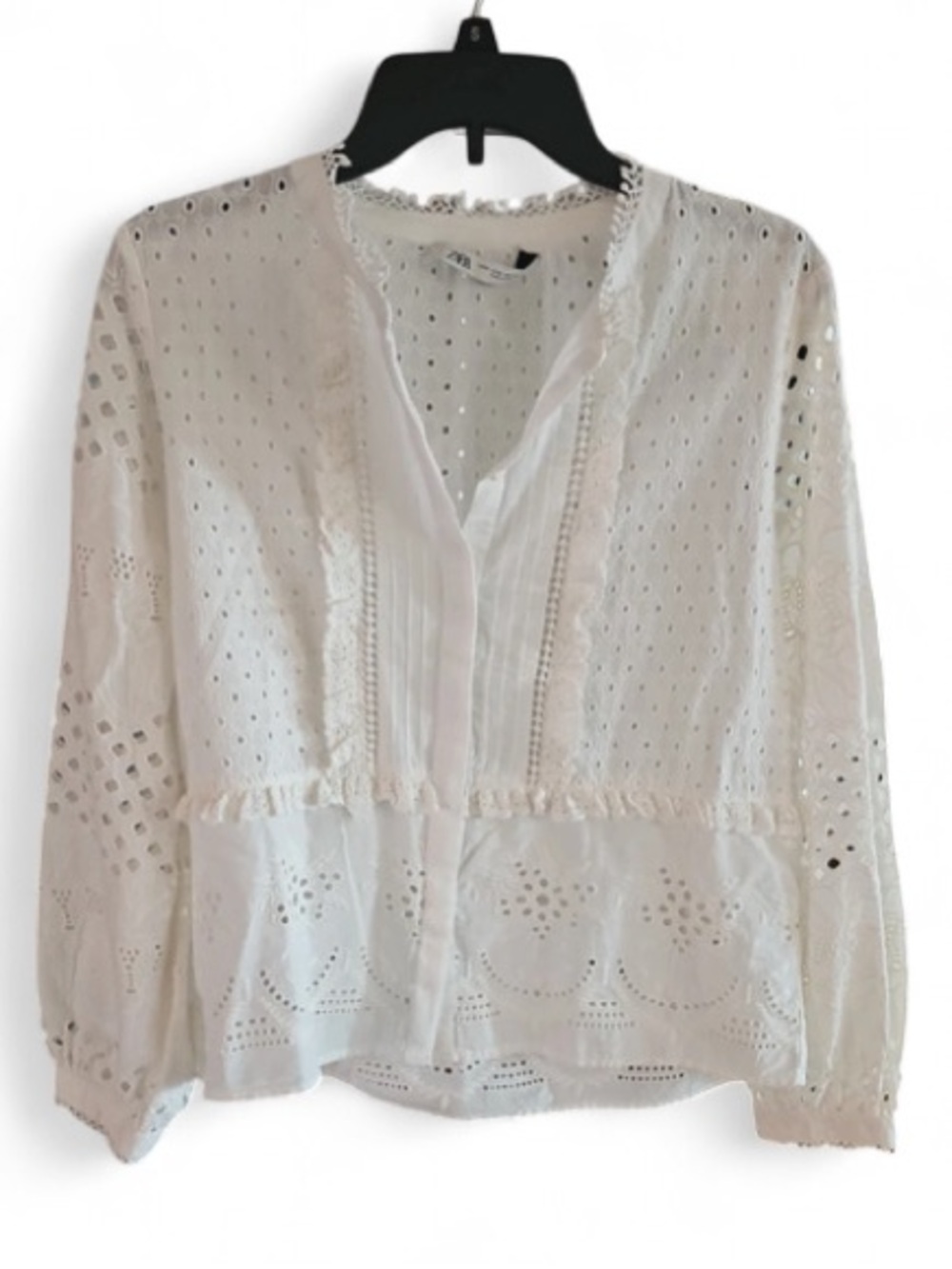 ZARA white openwork embroidered top, round neck, split V, front button, size M